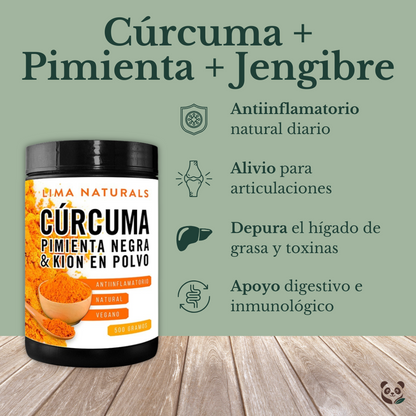 Cúrcuma + Pimienta Negra + Kión | Antiinflamatorio y analgésico natural diario Lima Naturals, Mujer Aguaje