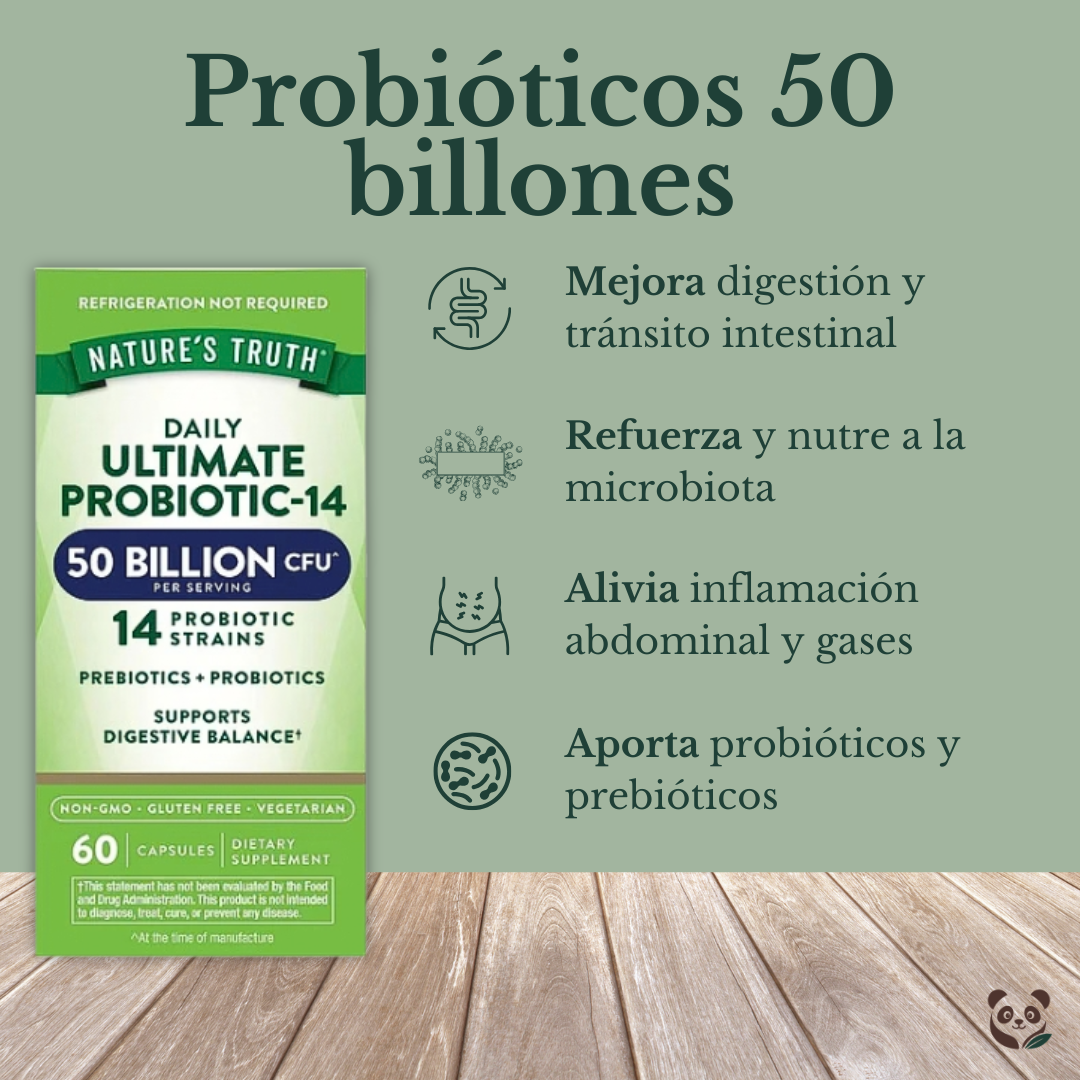 Probióticos 50 Mil Millones UFC | 14 Cepas + Inulina | Microbiota Intestinal Nature's Truth