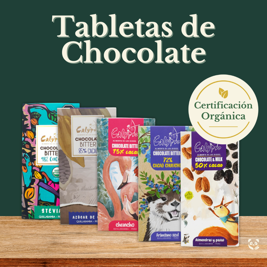 Tabletas de Chocolate Orgánico | Variedades con panela, stevia y superalimentos Calypso